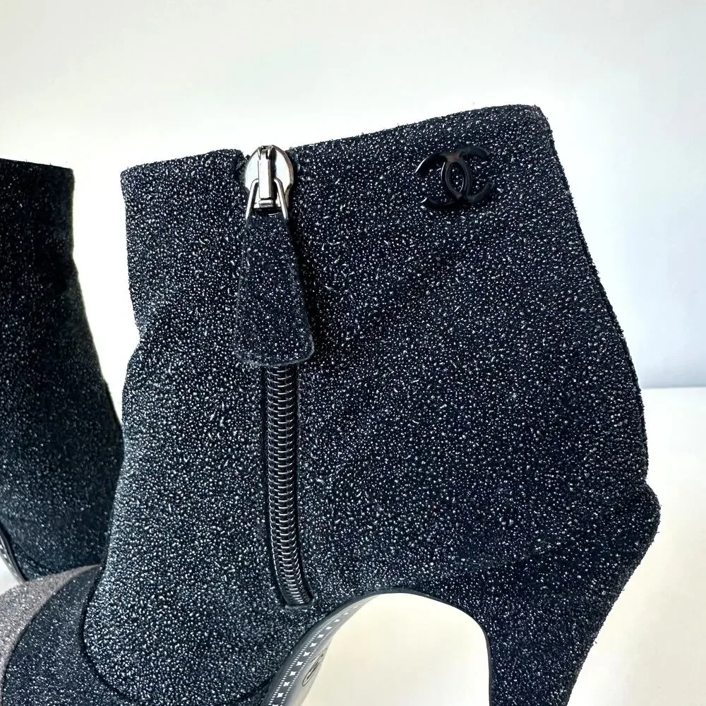 Chanel Black CC Sparkle Glitter Cap Toe Platform Short Boots IT 39